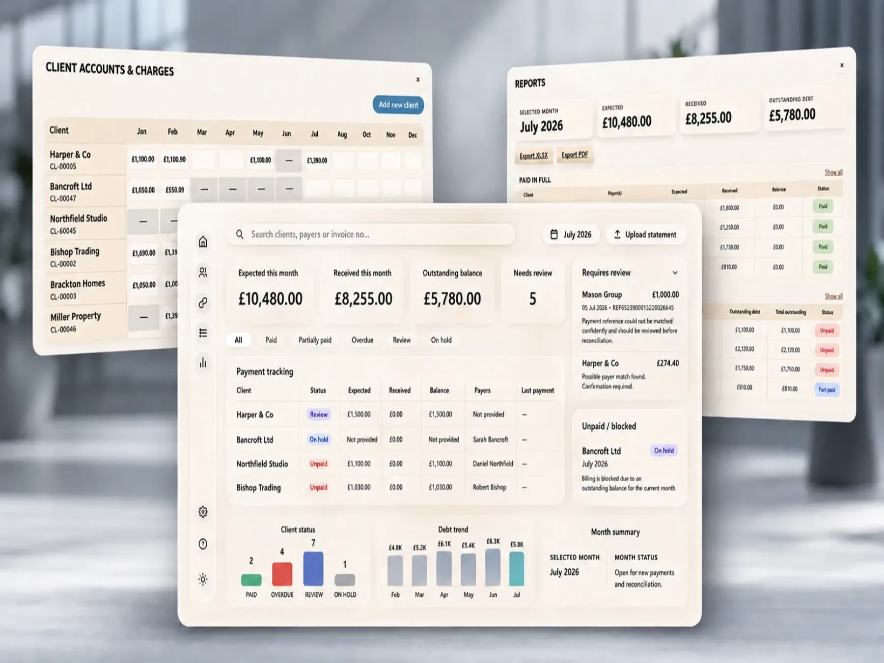 Customer Accounting App dashboard, client accounts and reports shown in English and GBP with fictional data.