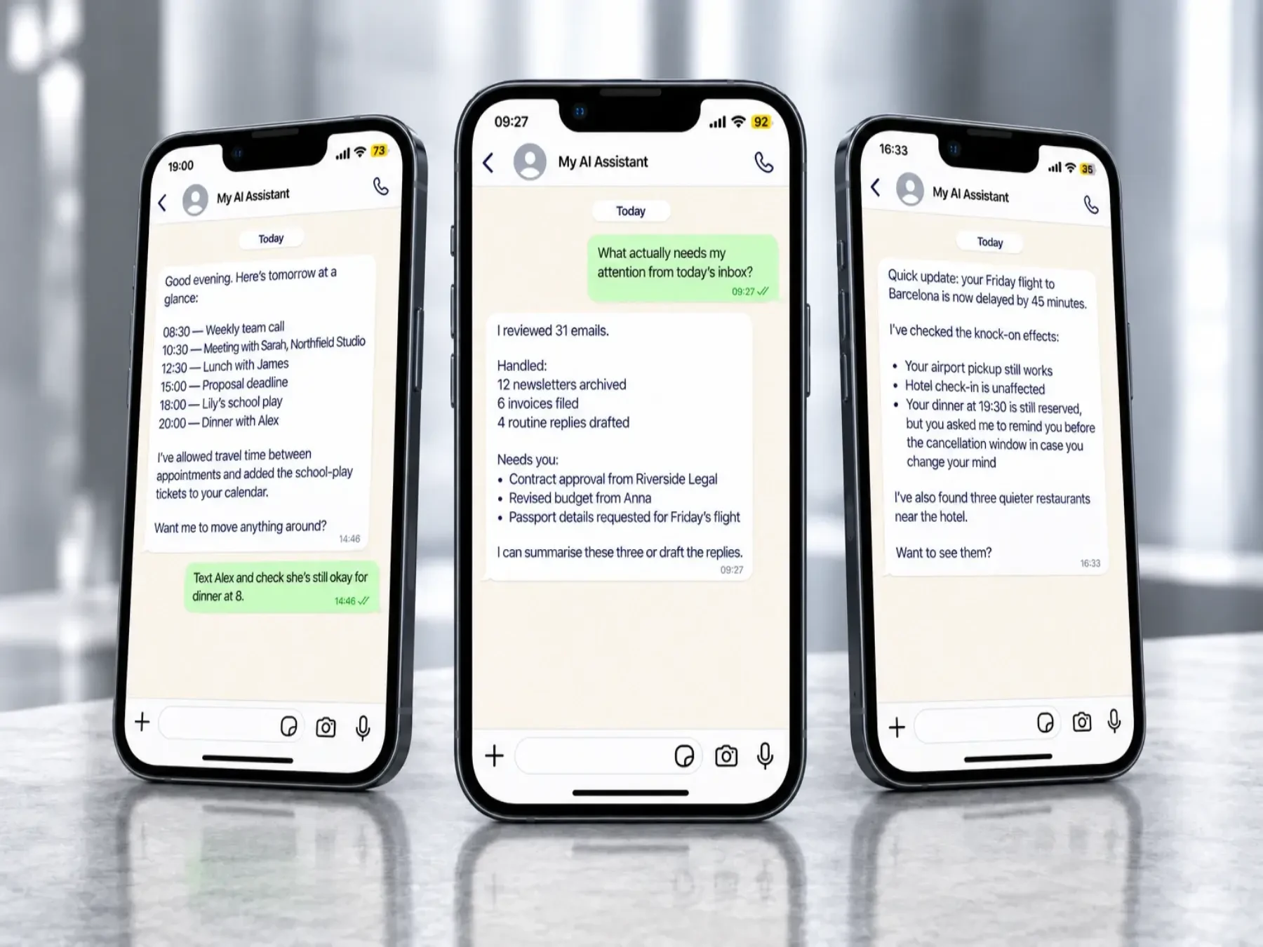 Private AI assistant briefing, inbox priorities and travel updates reconstructed with fictional information.