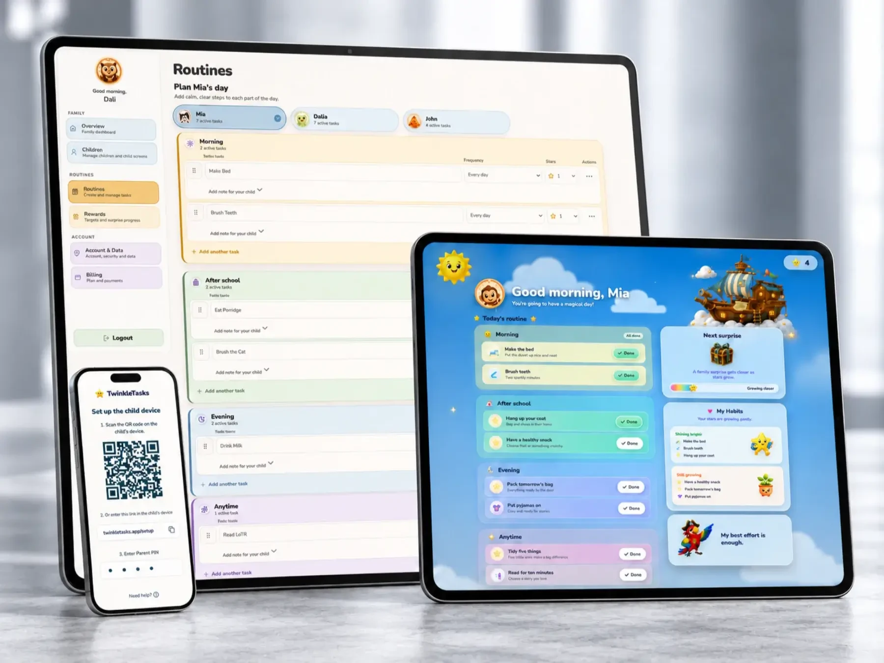 TwinkleTasks parent dashboard, child profiles, routines, rewards, pairing and account screens.